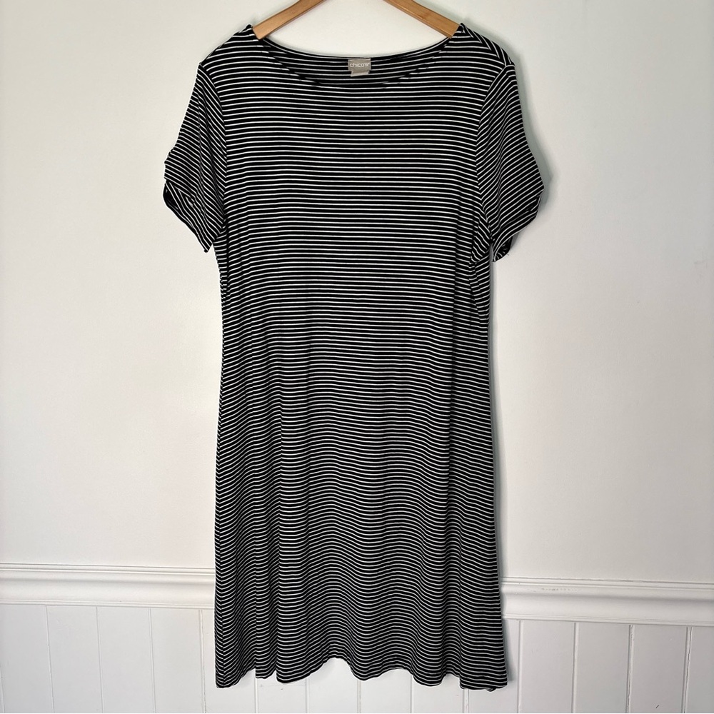Chico’s 2 Black and White Striped Jersey Tshirt Dress Size Large Timeless Comfy